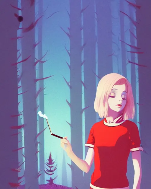 Image similar to digital illustration of pretty girl savrina with short blonde hair wearing a sweater, from alice in wonderland, smoking, in a wonderland forest at night, by ilya kuvshinov, lois van baarle, rossdraws, basquiat