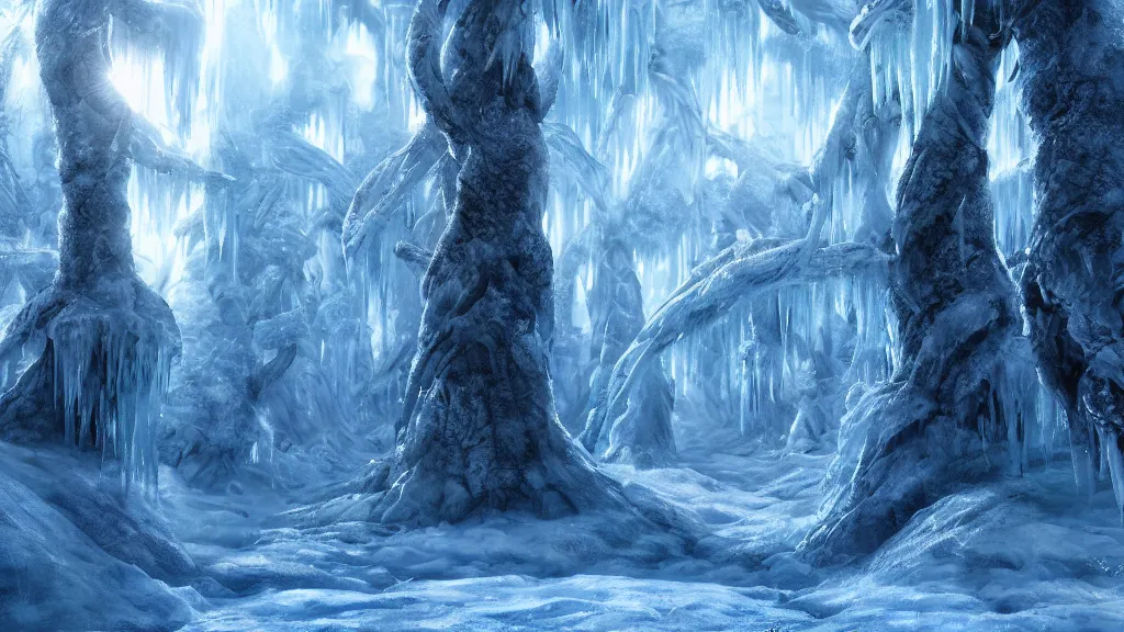 Image similar to ice forest, fantasy artwork, very very very beautiful scenery, hd, hdr, ue5, ue6, unreal engine 5, cinematic 4k wallpaper, 8k, ultra detailed, high resolution, artstation, award winning