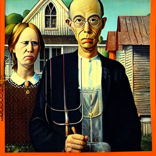Prompt: fat orange tabby cat next curly haired man, style of american gothic by grant wood