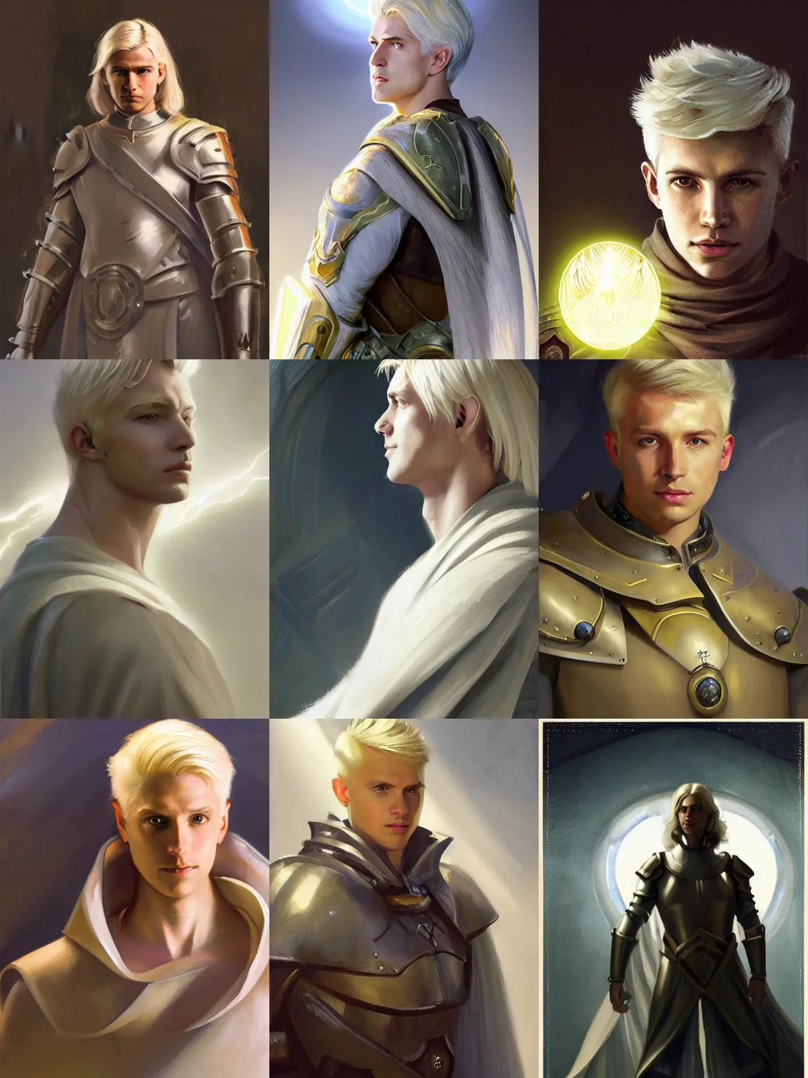 Prompt: Portrait of an Aasimar man wearing a paladin garb with short platinum blonde hair a kind face a halo of light and a distantly hopeful expression, cinematic lighting, detailed, beautiful, illustration by Greg Rutkowski, Andrei Riabovitchev Jean Giraud Tom Anders Zorn, Edward Hopper and Ilya Kushinov, Frederick Bacon, Tom Anders Zorn, John Collier, Vladimir Abat-Cherkasov