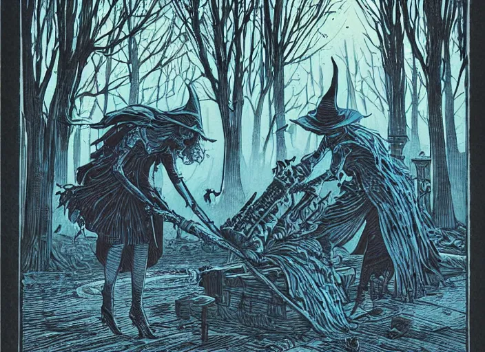 Image similar to blue woodcut print, cartoon halloween witch in graveyard at midnight by greg rutkowski, fine details, highly detailed