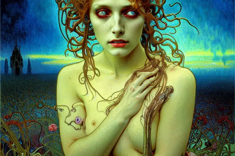 Image similar to realistic detailed portrait painting of a beautiful female zombie, nightly graveyard landscape background by Jean Delville, Amano, Yves Tanguy, Alphonse Mucha, Ernst Haeckel, Edward Robert Hughes, Roger Dean, masterpiece, cinematic composition, dramatic pose, 4k details, rich moody colours, blue eyes