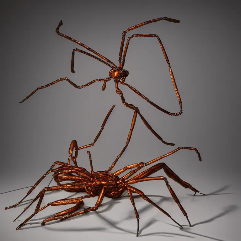 Image similar to hyperrealistic sculpture of a bronze fossilized whip scorpion in a large cage made of colorful plastic wire on a pedestal by ron mueck and duane hanson and lee bontecou, hyperrealistic dramatic colored lighting trending on artstation 8 k