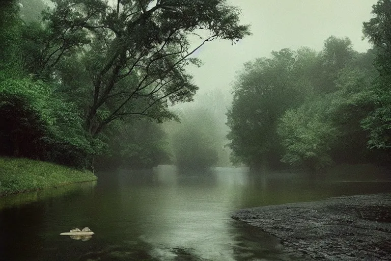 Image similar to a beautiful serene landscape filled with rivers and trees, rainy day, beautiful lighting, high depth, ultra realistic, artistic, by annie leibovitz