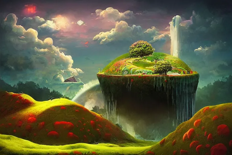 Image similar to surreal glimpse into other universe, floating island in the sky, waterfall, summer morning, very coherent and colorful high contrast, art by!!!! gediminas pranckevicius!!!!, geof darrow, dark shadows, hard lighting