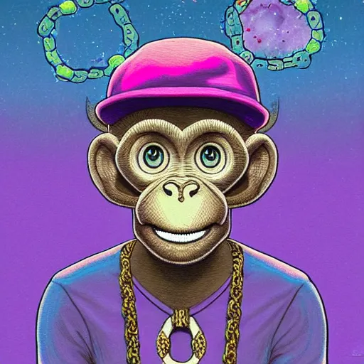Prompt: a frontal portait drawing of a purple pixel art monkey with a cap and a chain by inio, james jean, aya takano color style, trippy, 8 k, super detailed, night sky, digital art, digital painting, clean
