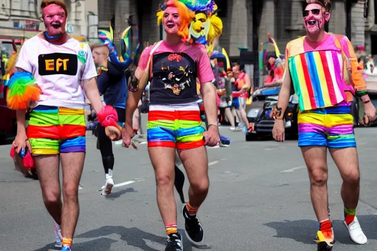 Prompt: bert and ernie in the gay parade wearing short shorts and croptops