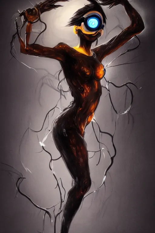 Image similar to dark full body painting of tracer from overwatch, in style of zdzisław beksinski, scary, horror, 4 k, feminine facial features, overwatch tracer character, horror, body horror, disturbing, detailed face, dressed in dark garment, black tendrils, tall, long legs,