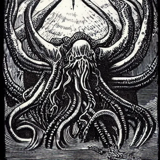 Prompt: a detailed woodcut of Cthulhu by Gustave Doré