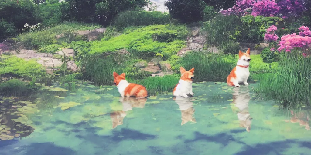 Image similar to A corgi in the pond, there is blue sky, there is water splash, there are kittens by the pond, the atmosphere is cheerful, the colors are bright, high picture quality, by Makoto Shinkai