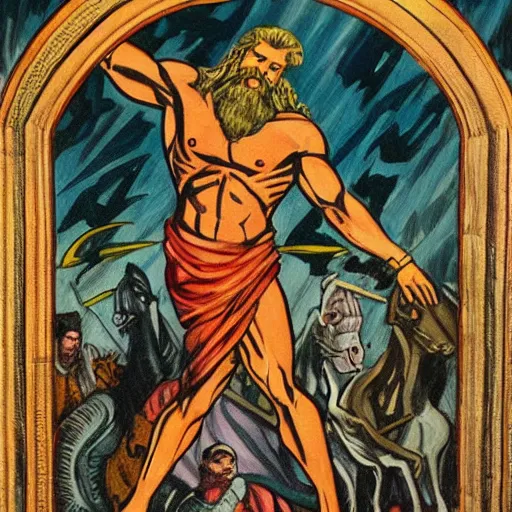 Prompt: a comic book painting of zeus the conquerer