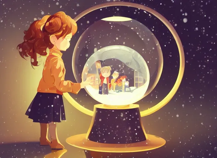 Image similar to little girl with short wavy curly light brown hair looking into a snow globe. clean cel shaded vector art. shutterstock. behance hd by lois van baarle, artgerm, helen huang, by makoto shinkai and ilya kuvshinov, rossdraws, illustration, art by ilya kuvshinov