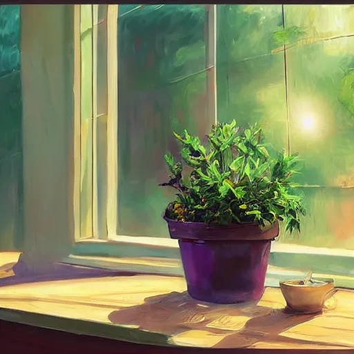 Prompt: dittany in a pot, on wooden table in the ray of sunshine in greenhouse, oil painting, sharp focus, high detailed, calm, warm lighting, sparkles, digital art, concept art, by Rutkowsky,