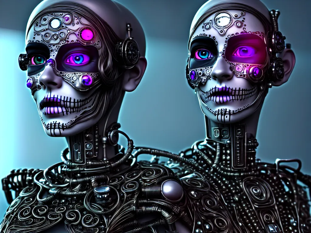 Image similar to ultra detailed, Mechanical Cyberpunk Female Android, dia de los muertos, cyberpunk, fantasy, intricate details, elegant, super highly detailed, professional digital painting, artstation, concept art, smooth, sharp focus, no blur, no dof, extreme illustration, Unreal Engine 5, Photorealism, HD quality, 8k resolution, cinema 4d, 3D, beautiful, cinematic, art by artgerm and michael welan and DZO and greg rutkowski and alphonse mucha and loish and WLOP