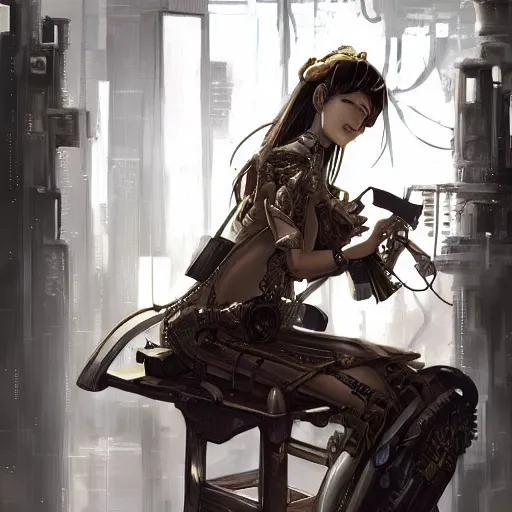 Prompt: a painting of a woman sitting on a stool, cyberpunk art by masamune shirow, pixiv contest winner, fantasy art, steampunk, enchanting, detailed painting, storybook illustration