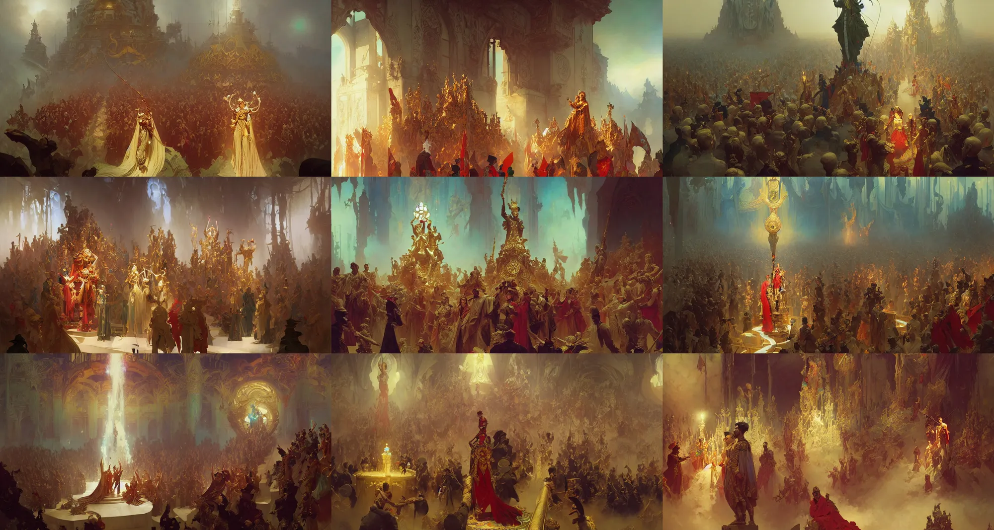 Prompt: coronation ceremony, art by joseph leyendecker, peter mohrbacher, ivan aivazovsky, ruan jia, reza afshar, marc simonetti, alphonse mucha