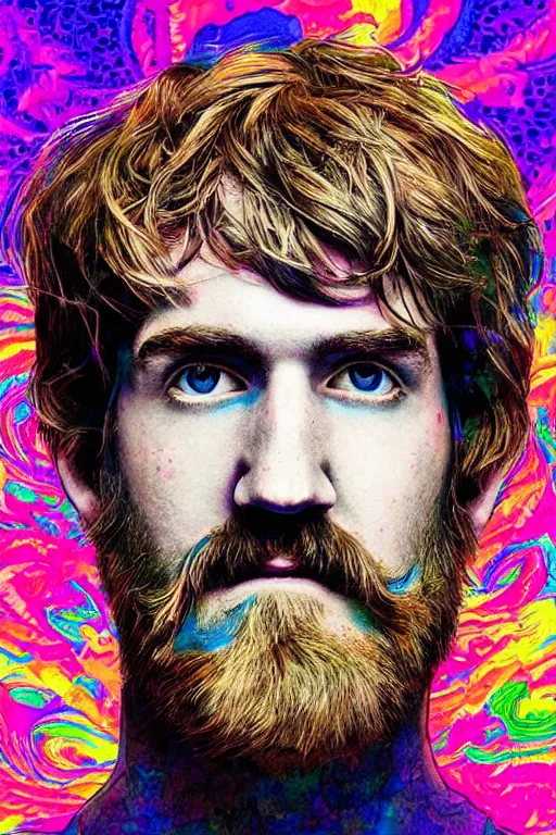 Prompt: inspirational style hope poster of bo burnham with beard, psychedelic colors, highly detailed, realistic, loving, beautiful composition