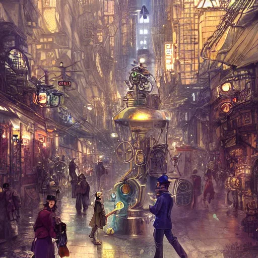 Prompt: The city of time traveler where crowd on street each carry own time travel devices, steampunk, machine, industrial, yoshitaka Amano, hiroshi yoshida, bright pastel colors
