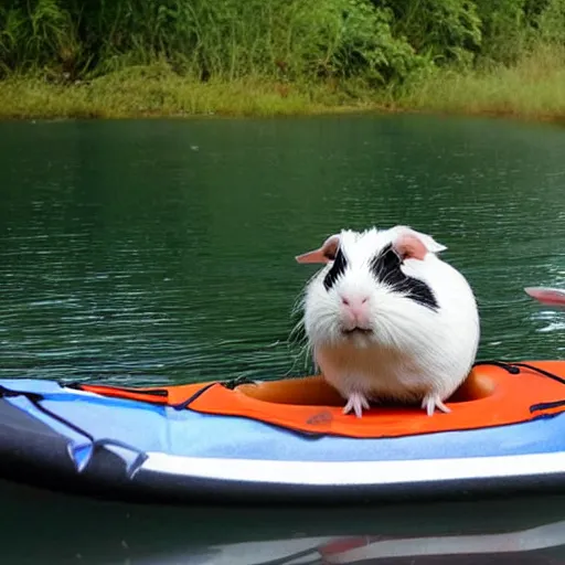 Prompt: a guinea pig sitting on a kayak on a calm stream