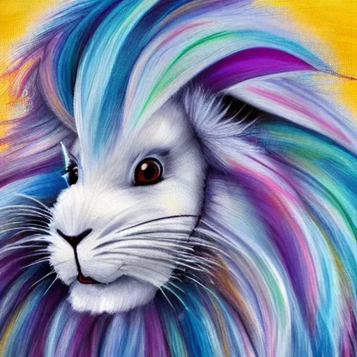 Image similar to profile view of cute fluffy white lop eared bunny rabbit with long colorful flowing lion mane blowing in the wind with mohawk top hairstyle hybrid animal detailed painting 4 k