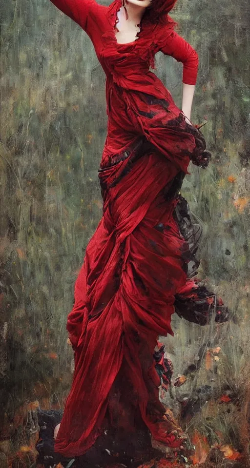 Image similar to one person only. One head only. Long flowing dress. Oversized flowing swirling dress. Solomon Joseph Solomon and Richard Schmid and Jeremy Lipking victorian genre painting portrait painting of a young beautiful woman punk rock goth with punk rock haircut in fantasy costume, red background