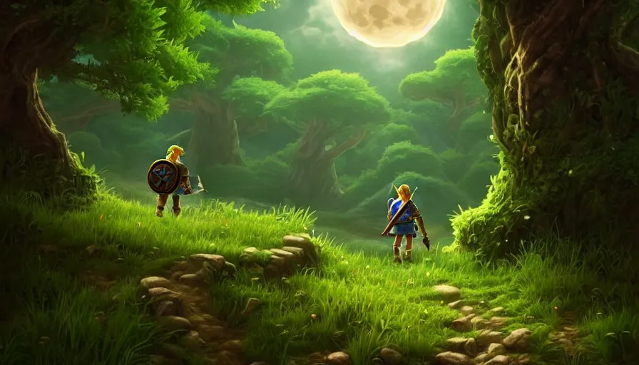 Prompt: the legend of zelda, vines, forest, hyperrealistic, highly detailed, cinematic, single ray of moon, beautiful, cgssociety, artstation, 8 k, oil painting