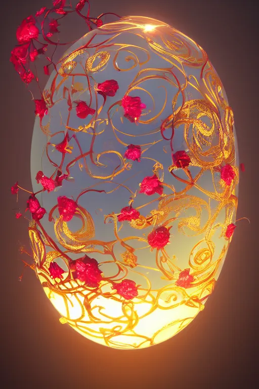 Image similar to a detailed glowing egg with swirls of red and blue emerging from the blossom of a metallic gold flower with tendrils of gold wrapping around the egg, a rose made out of silver and gold with an egg inside, fantasy concept art, unreal engine 5, volumetric lighting, trending on artstation