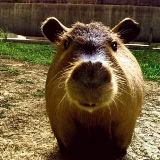 Image similar to photo taken on a bad camera of a capybara dressed as a kid looking bad and with envy at the camera