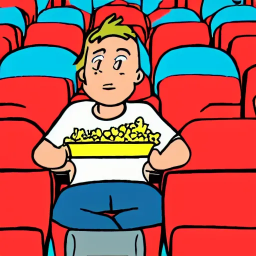 Image similar to a boy sitting alone in a movie theater eating popcorn, in the style of doug, 1 9 9 0 s cartoon,