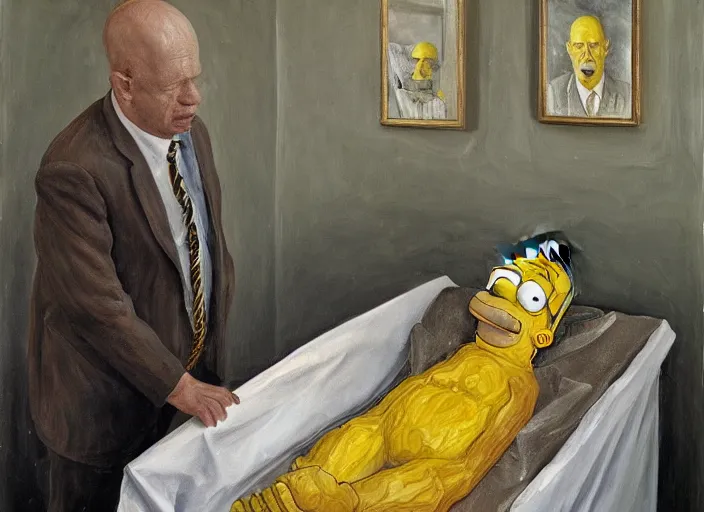 Image similar to Real life Homer Simpson, deceased in a casket, painted by Lucian Freud, highly detailed, 8k