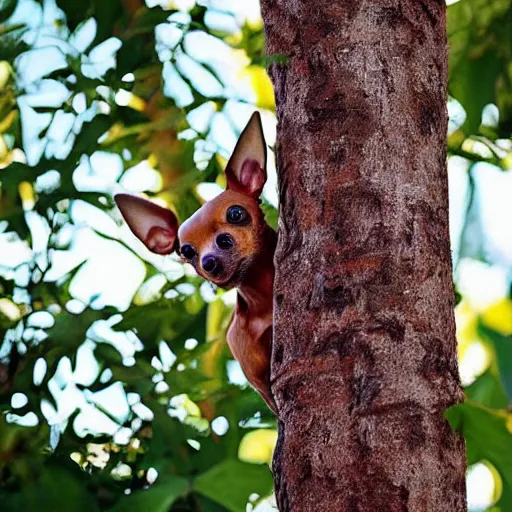 Image similar to “ a brown chihuahua dog that looks like a scorpion, in a tree, photo, realistic ”