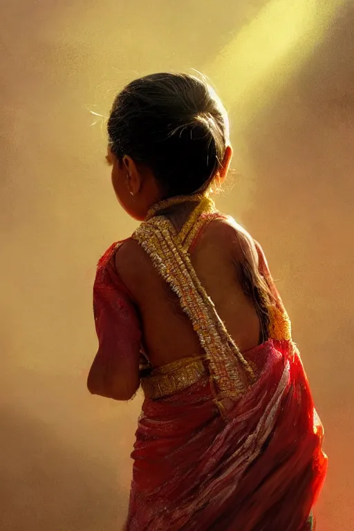 Image similar to hindu little girl, joyful, close - up portrait, intricate, elegant, volumetric lighting, scenery, digital painting, highly detailed, artstation, sharp focus, illustration, concept art, ruan jia, steve mccurry