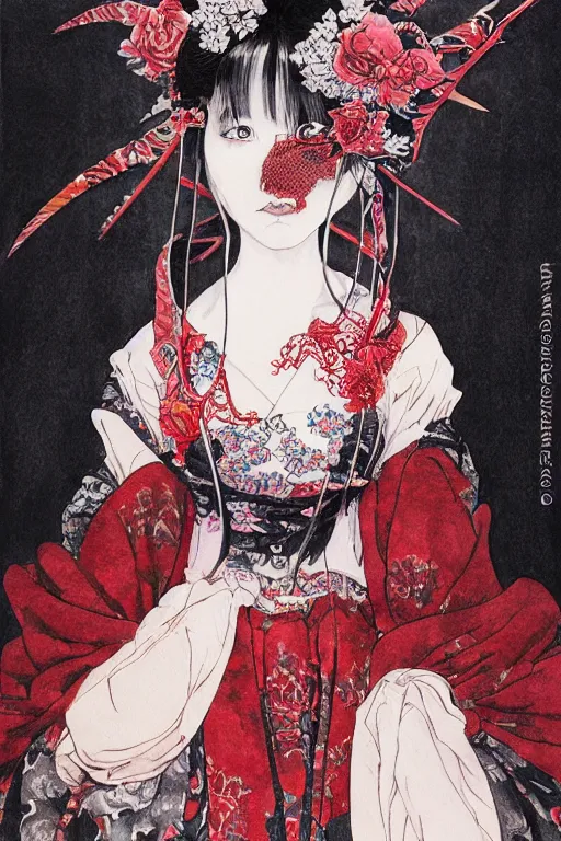 Prompt: watercolor painting of an avant - garde japanese cat geisha vampire queen in a victorian lolita fashion red dress in the style of lovecraftian horror painted by yoshitaka amano, takato yamamoto, ayami kojima, dmt art, symmetrical vogue face portrait, intricate detail, artstation, cgsociety, artgerm, rococo