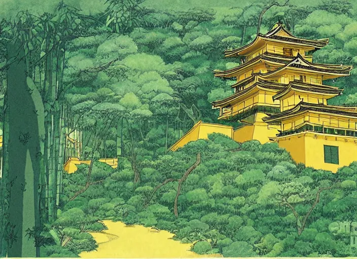 Image similar to japanese yellow fortress in a city inside the bamboo forest by studio ghibli painting