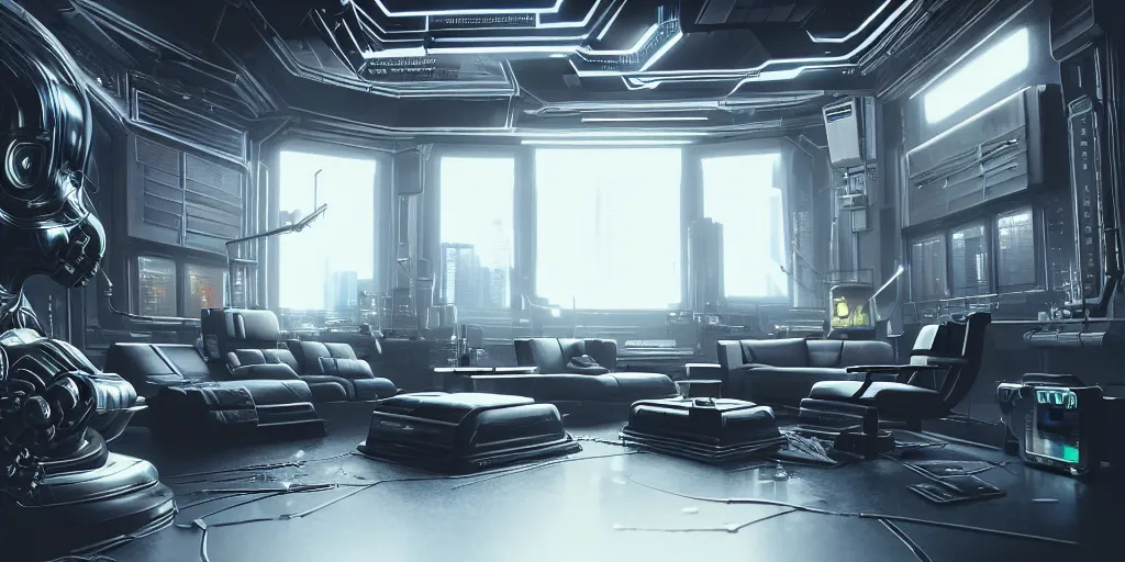 Image similar to ultra detailed photorealistic cyberpunk interior, cinematic light, sci fi, glossy, big cybernetic chair, wires, robotics, futuristic decor, trending on artstation, global illumination, ultra realistic illustration, matte painting, high detailed, unreal engine, octane render, 4 k, hd, high quality