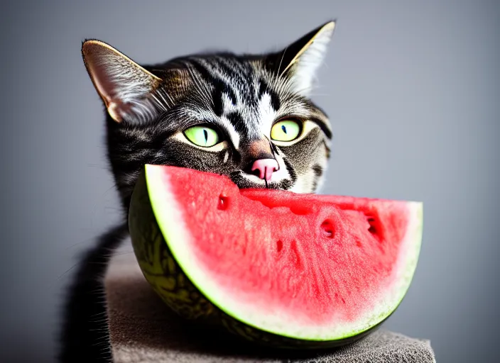 Image similar to photo of a cat wearing watermelon helmet. fantasy horror style. highly detailed 8 k. intricate. lifelike. soft light. nikon d 8 5 0 5 5 mm. dof. cinematic post - processing.