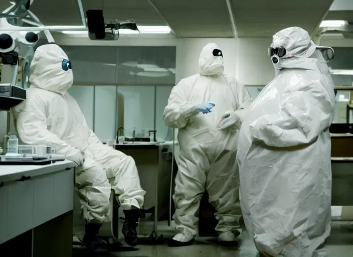 Prompt: horror movie scene, a huge blobby flesh creature grows out of control in a high tech science lab, a man in a hazmat suit watches helplessly