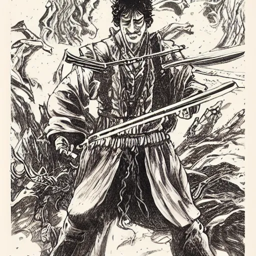 Prompt: pen and ink!!!! attractive 22 year old Frank Zappa x Daniel Radcliff golden Vagabond magic swordsman glides through a beautiful battlefield magic the gathering dramatic esoteric!!!!!! pen and ink!!!!! illustrated in high detail!!!!!!!! by Hiroya Oku!!!!! Written by Wes Anderson graphic novel published on shonen jump 2002 award winning!!!!