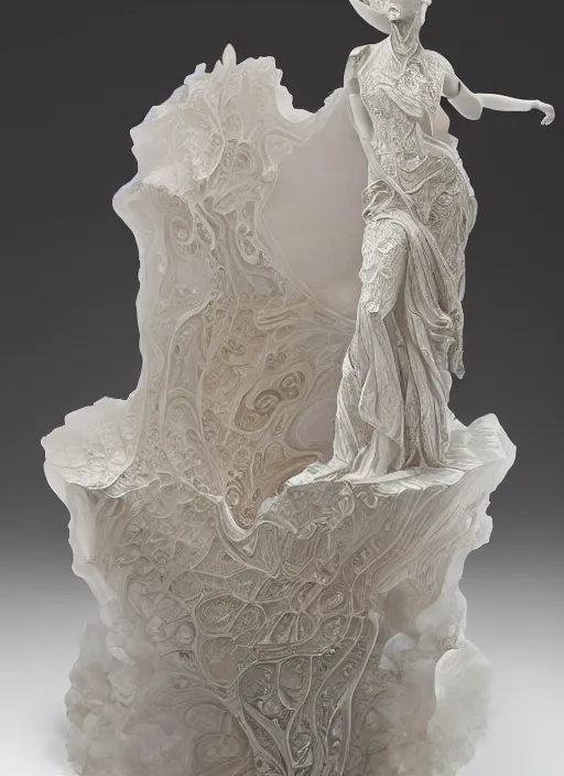 Image similar to opalescent marble sculpture of beautiful woman, glistening, mandelbulb, hypercube, ivory carving, fractal paisley inlay, lace, intricate, elegant, highly detailed, ivory, artgerm, lace, by ruan jia and greg rutkowski