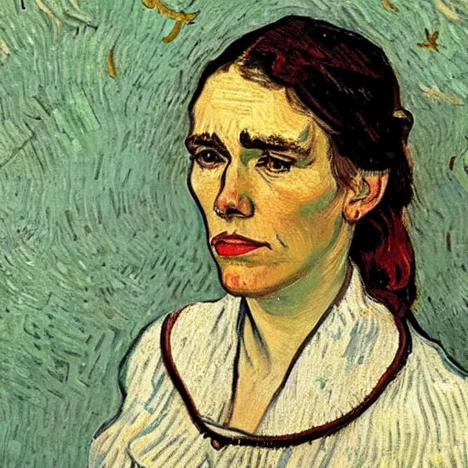 Image similar to detailed portrait of jacinda ardern as an 1890s milkmaid painted by van gogh