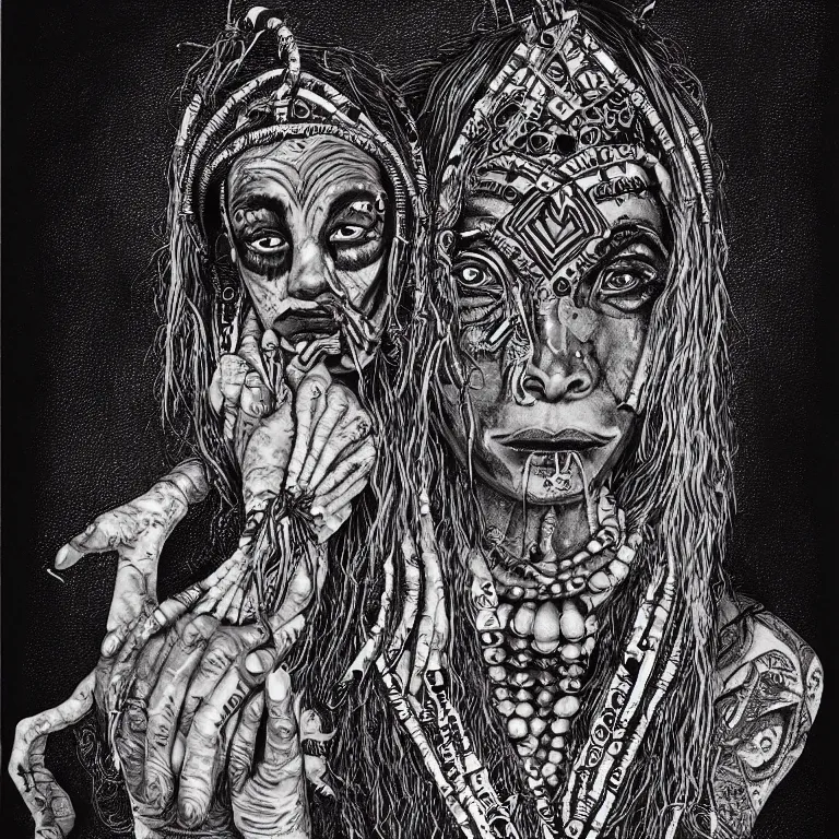 Image similar to mysterious portrait of a voodoo shaman, occult, magical realism, spiritualistic seance, pen and ink illustration by daniel martin diaz, symmetry, artstation, ultrarealistic, 8 k