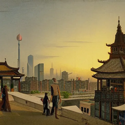 Image similar to a small rooftop with a couple of modern teenagers, standing and talking to each other, wearing black modern clothes, modern shanghai bund is on the background, sunset, by asher brown durand