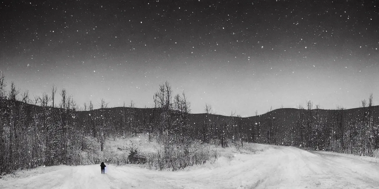 Prompt: laurentian appalachian mountains in winter, unique, original and creative black ink landscape, surrealist artwork, snowy night, distant town lights, aurora borealis, deers and ravens, lonely human walking, footsteps in the snow, fascinating textures, outstanding composition