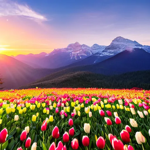 Prompt: beautiful mountain landscape during sunset with tulips and lightrays