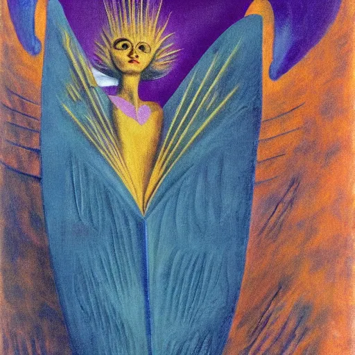 Image similar to an original painting by remedios varo, uses gold, airy, blue, orange and violet as colors