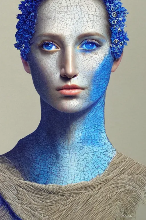 Prompt: hyperrealism close - up mythological portrait of a medieval woman's shattered face partially made of blue glowing color flowers in style of classicism using the fibonacci golden ratio, pale skin, wearing silver dress, dark and dull palette