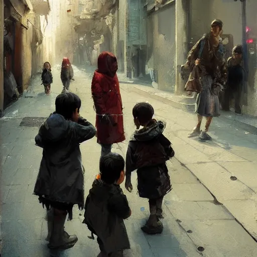 Prompt: oil painting of orphaned children asking for food in the streets of the city, by greg rutkowski, artstation