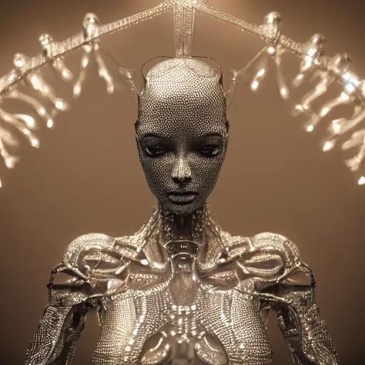 Image similar to full body detailed, ethereal chrome dress, biomechanical, covered in diamonds and other gems glowing, highly detailed face, elegant posed, intricate, extremy detailed, beeple, cgsociety, 3 d unreal engine octane render. cinematic lighting, highly detailed 4 k art