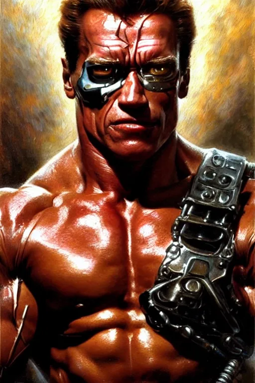 Image similar to muscular arnold schwarzenegger as terminator, exhausted face close up, highly detailed painting by gaston bussiere, craig mullins, j. c. leyendecker 8 k