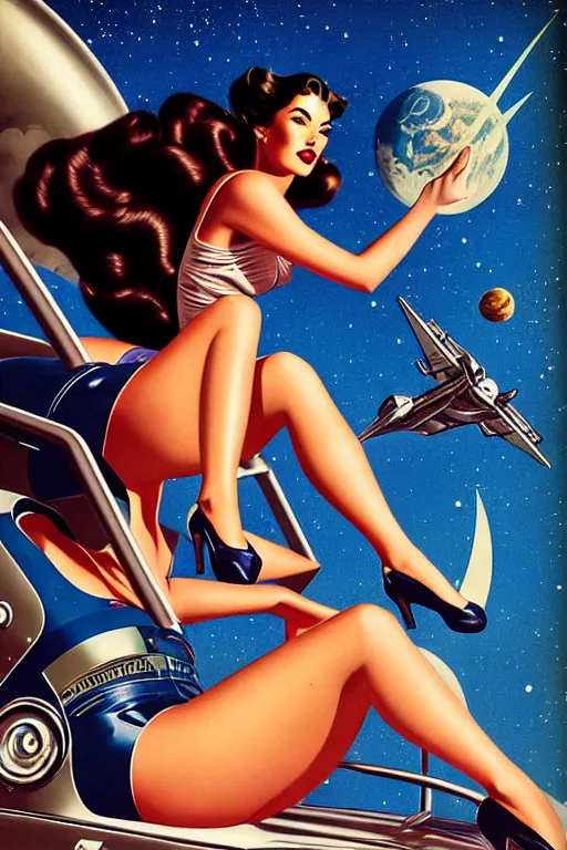 Image similar to beautiful retro space megan fox varga girl sitting on a space car in diesel punk city, windblown dark hair, retro pinup model, seductive, 1 9 4 0, glamour pose, intricate, smoke, hyper detailed, digital art, smooth, sharp focus, alberto vargas, gil elvgren, greg rutkowski, propaganda poster
